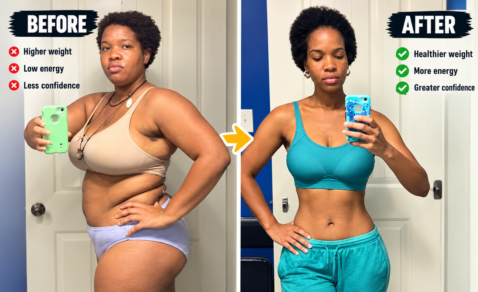Before and after fitness transformation: higher weight, low energy and less confidence before; healthier weight, more energy and greater confidence after